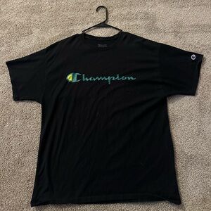 Champion Black Tee with Green Logo